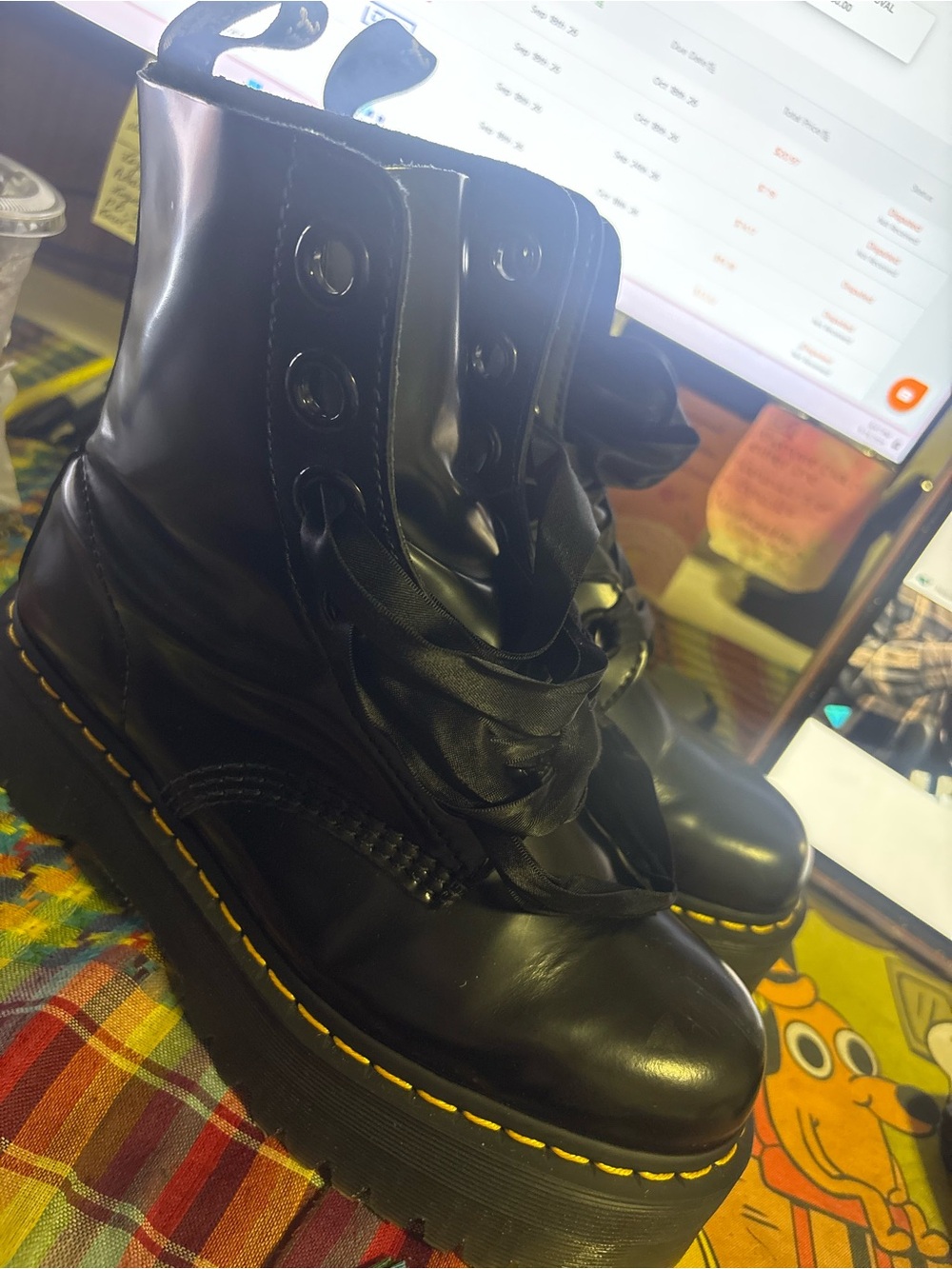 Dr. Martens Black Platform Lace-Up Combat Boots with Yellow Stitching